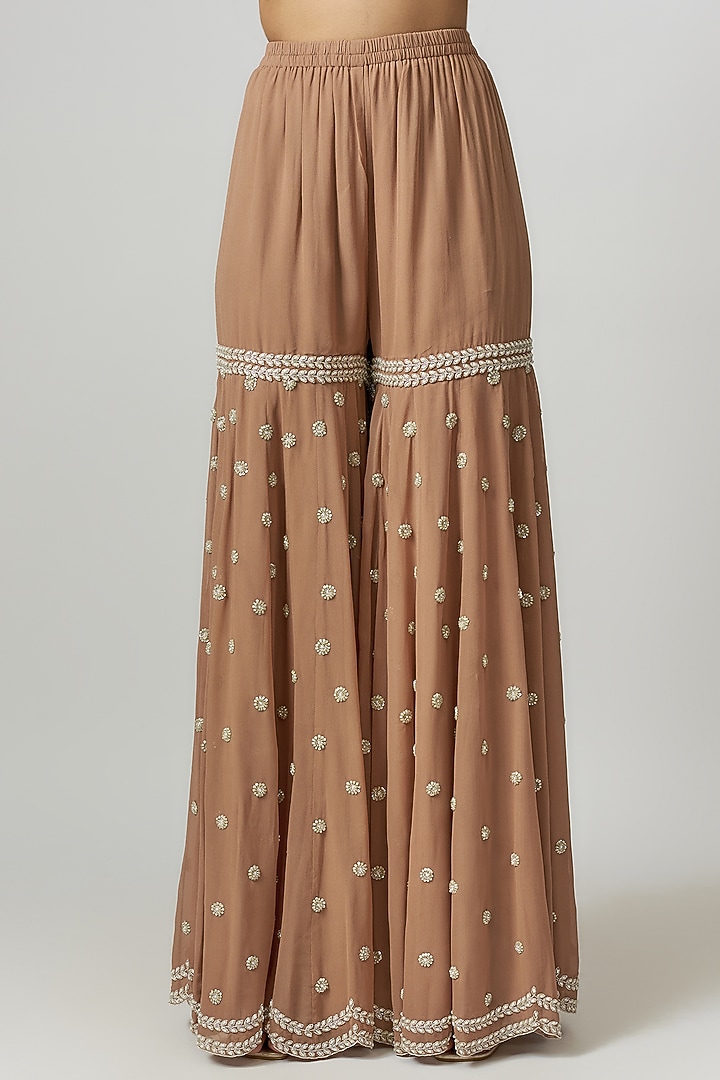 Champagne Georgette Pearl & Cutdana Work Bridal Sharara Set by Malasa at Pernia's Pop Up Shop