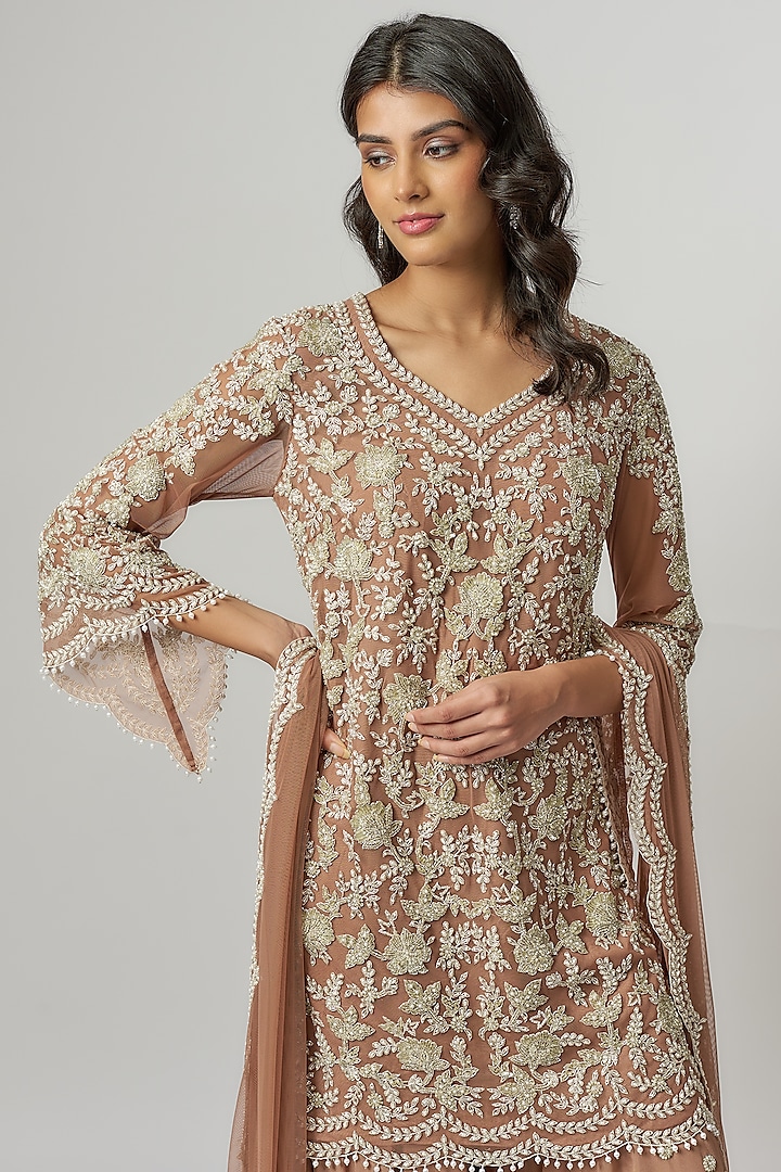 Champagne Georgette Pearl & Cutdana Work Bridal Sharara Set by Malasa at Pernia's Pop Up Shop