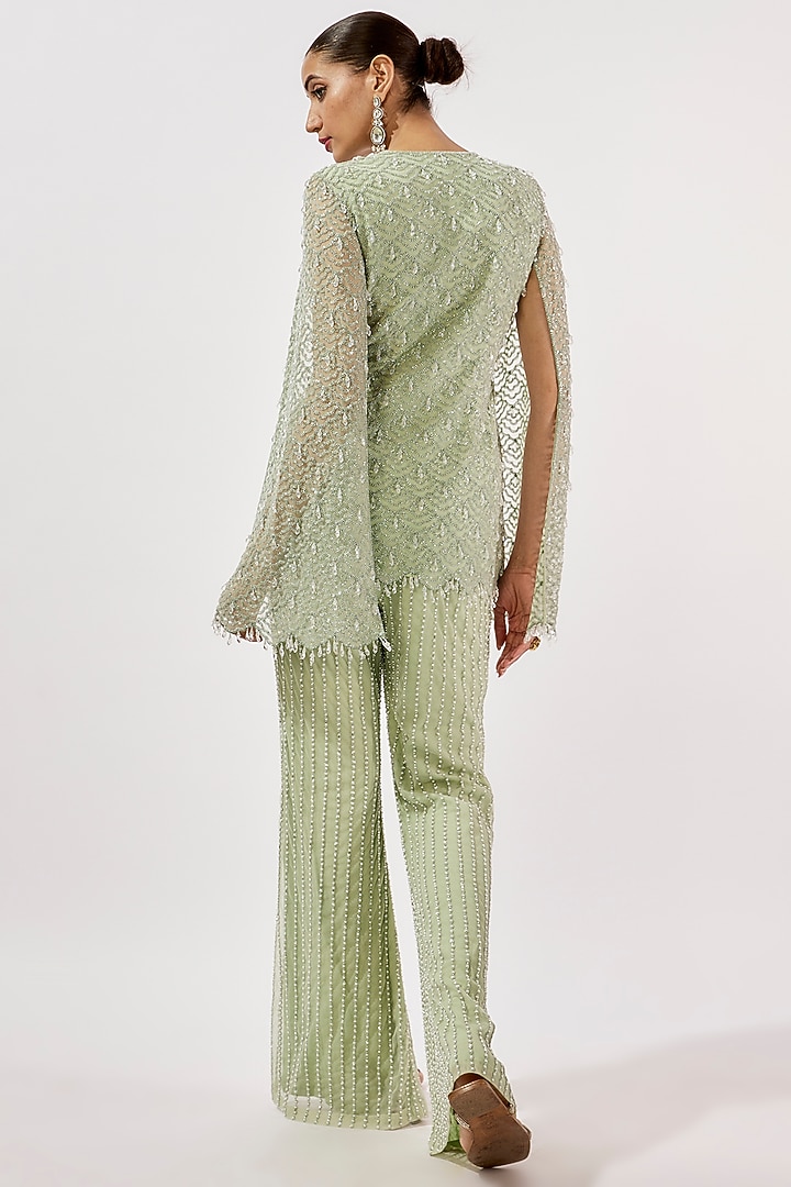 Seafoam Net Cutdana Work Jacket Set by Malasa at Pernia's Pop Up Shop