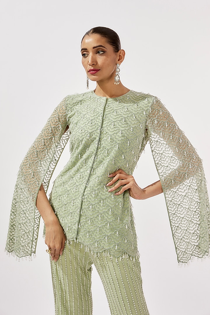 Seafoam Net Cutdana Work Jacket Set by Malasa at Pernia's Pop Up Shop
