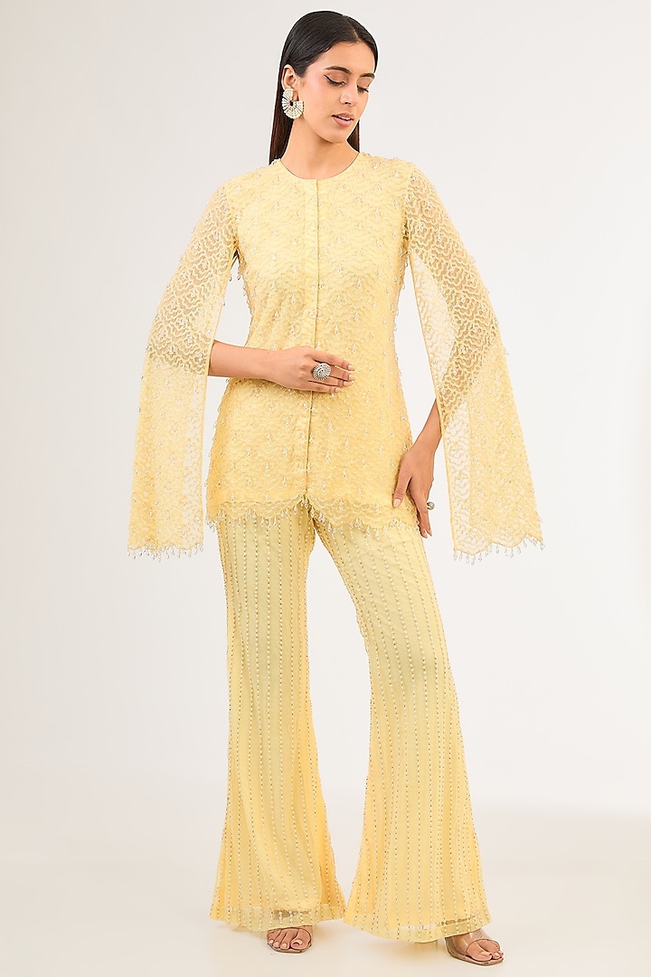 Yellow Net Pearl & Cutdana Work Jacket Set by Malasa at Pernia's Pop Up Shop