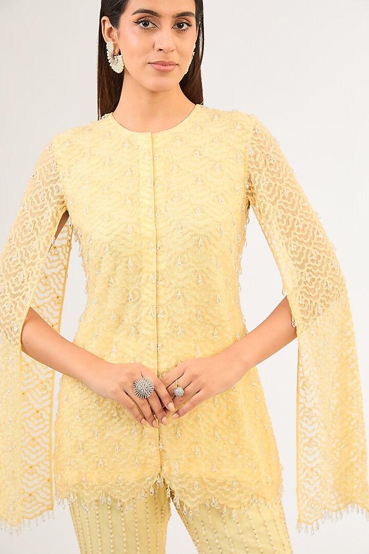 Yellow Net Pearl & Cutdana Work Jacket Set by Malasa at Pernia's Pop Up Shop