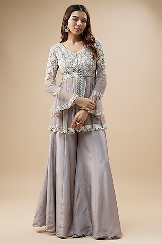 Lilac Satin Silk Pearl & Cutdana Work Sharara Set by Malasa