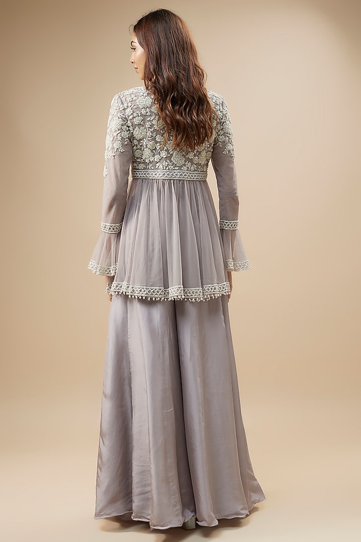 Lilac Satin Silk Pearl & Cutdana Work Wedding Sharara Set by Malasa at Pernia's Pop Up Shop
