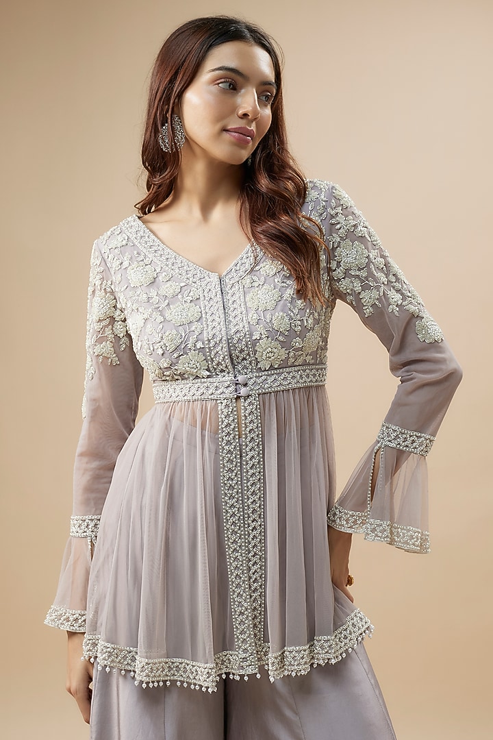 Lilac Satin Silk Pearl & Cutdana Work Wedding Sharara Set by Malasa at Pernia's Pop Up Shop