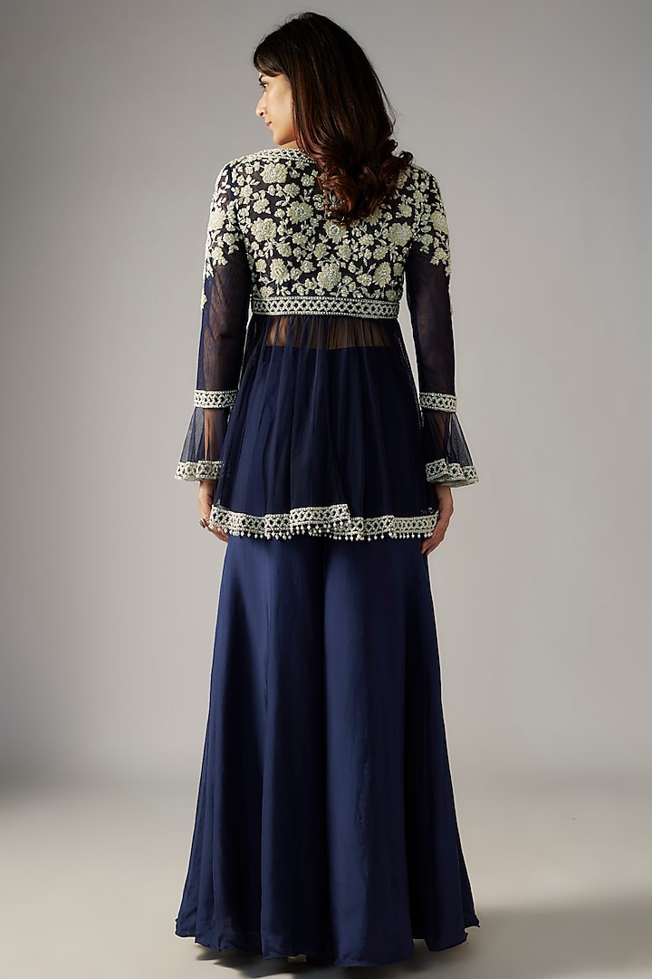 Blue Satin Silk Wedding Sharara Set by Malasa at Pernia's Pop Up Shop