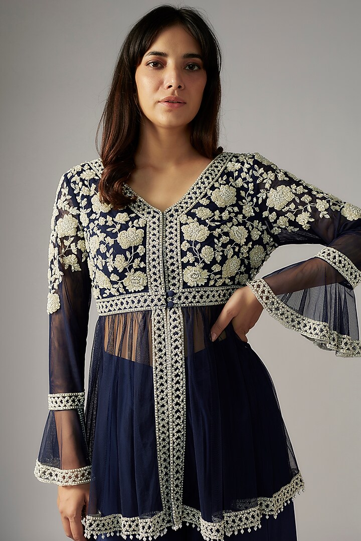 Blue Satin Silk Wedding Sharara Set by Malasa at Pernia's Pop Up Shop