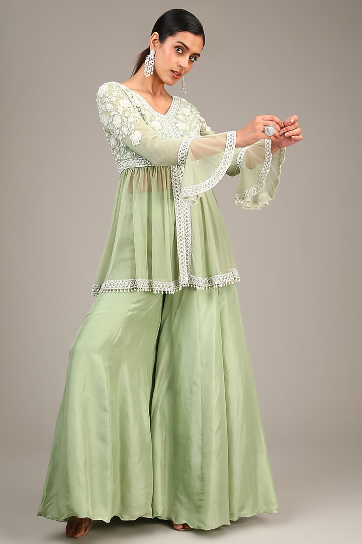 Sage Green Satin Silk Wedding Sharara Set by Malasa at Pernia's Pop Up Shop