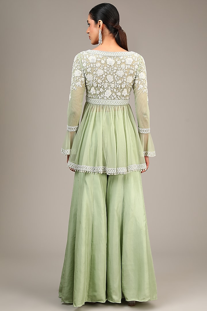 Sage Green Satin Silk Wedding Sharara Set by Malasa at Pernia's Pop Up Shop
