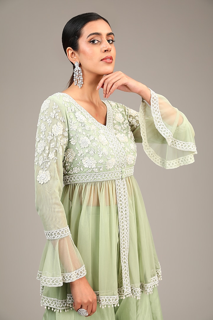 Sage Green Satin Silk Wedding Sharara Set by Malasa at Pernia's Pop Up Shop