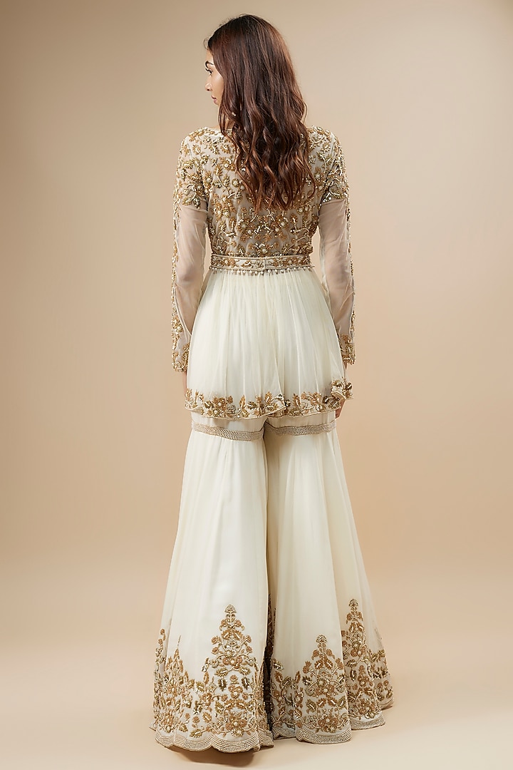 Cream Georgette Pearl & Threadwork Bridal Sharara Set by Malasa at Pernia's Pop Up Shop