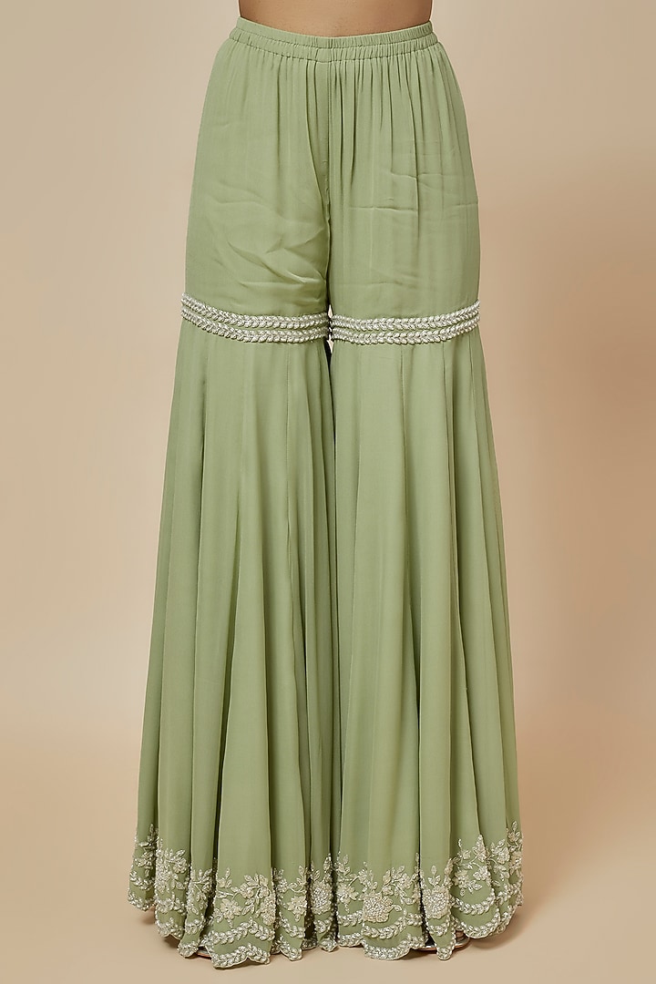 Sage Green Georgette Cutdana Work Bridal Sharara Set by Malasa at Pernia's Pop Up Shop