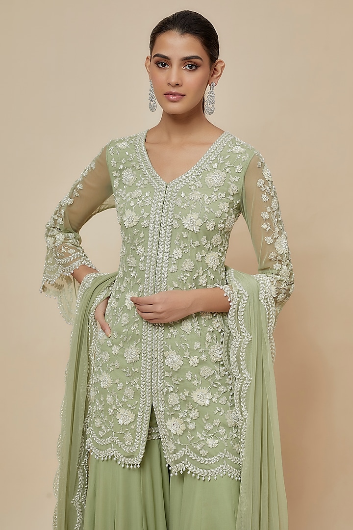 Sage Green Georgette Cutdana Work Bridal Sharara Set by Malasa at Pernia's Pop Up Shop