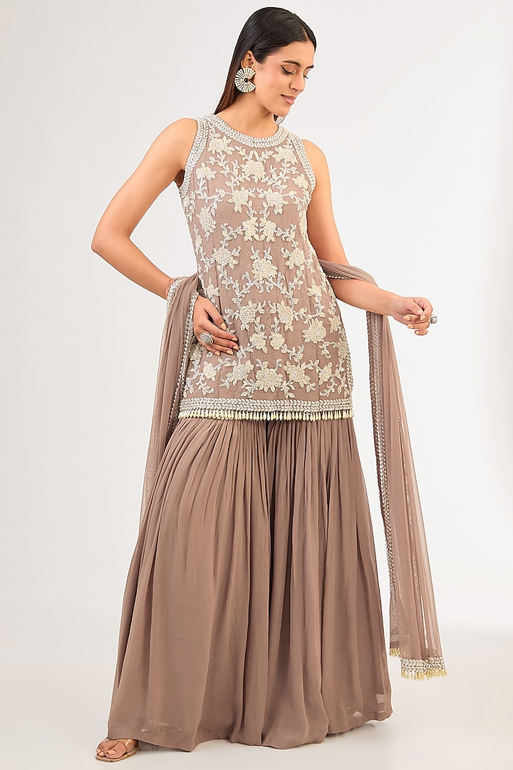 Champagne Georgette Pearl & Cutdana Work Kurta Set by Malasa at Pernia's Pop Up Shop