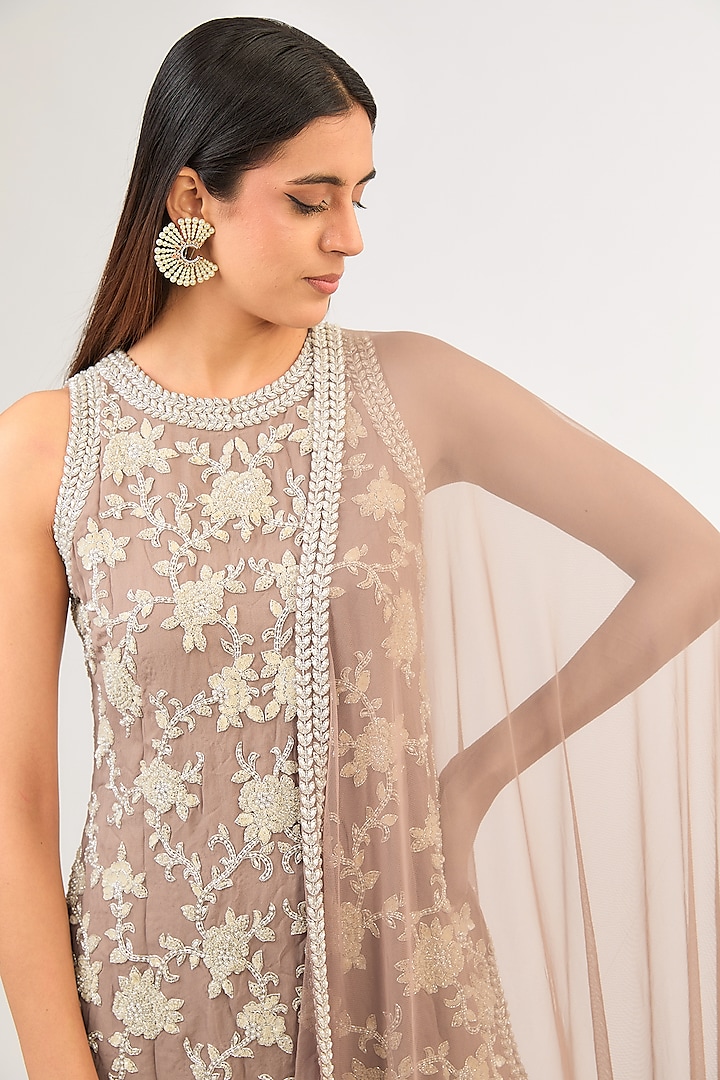 Champagne Georgette Pearl & Cutdana Work Kurta Set by Malasa at Pernia's Pop Up Shop