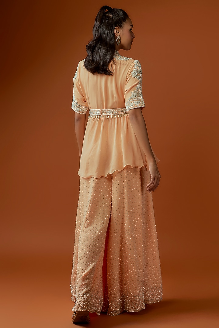 Peach Georgette Pearl Embroidered Bridal Sharara Set by Malasa at Pernia's Pop Up Shop