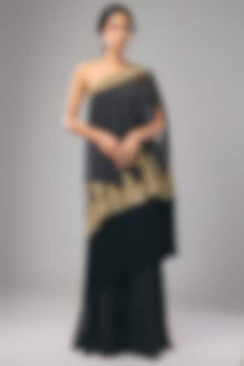 Black Georgette Thread & Cutdana Work Wedding Sharara Set by Malasa at Pernia's Pop Up Shop