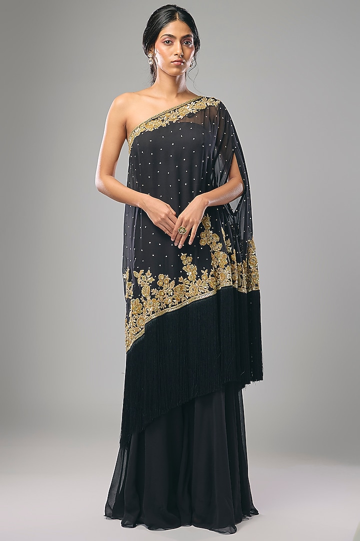 Black Georgette Thread & Cutdana Work Wedding Sharara Set by Malasa at Pernia's Pop Up Shop