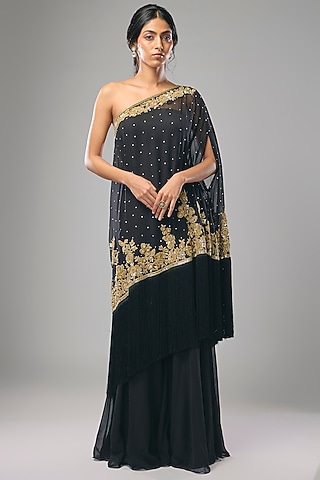 Black Georgette Thread & Cutdana Work Sharara Set by Malasa