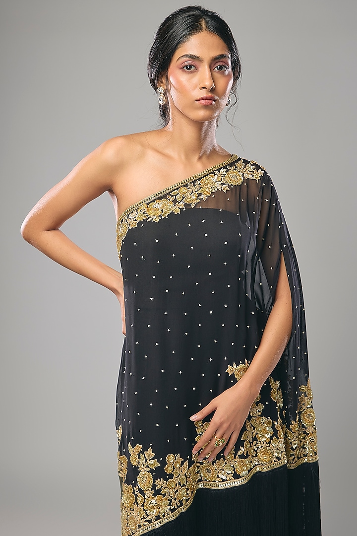 Black Georgette Thread & Cutdana Work Wedding Sharara Set by Malasa at Pernia's Pop Up Shop