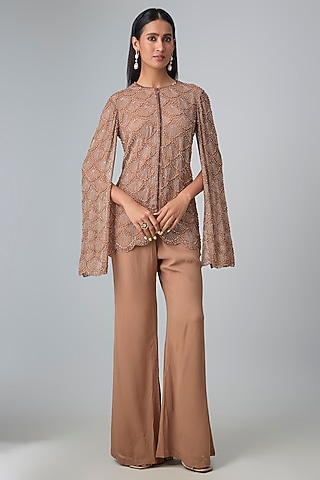 Champagne Georgette Cutdana Work Jacket Set by Malasa