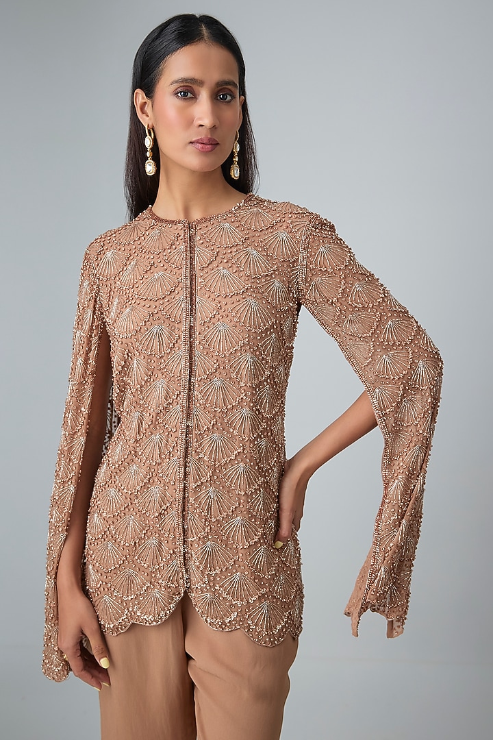 Champagne Georgette Cutdana Work Jacket Set by Malasa at Pernia's Pop Up Shop
