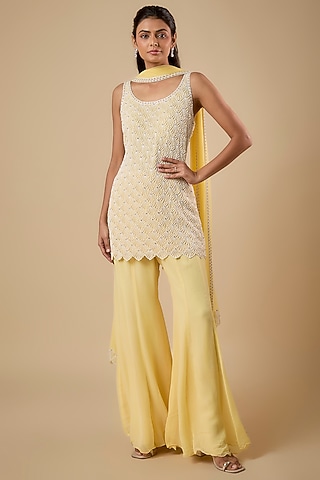 Yellow Georgette Sharara Set by Malasa