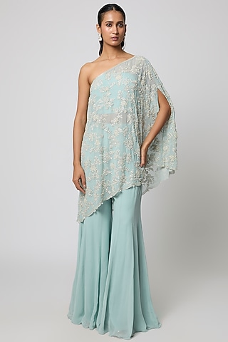 Ice Blue Georgette Sharara Set by Malasa
