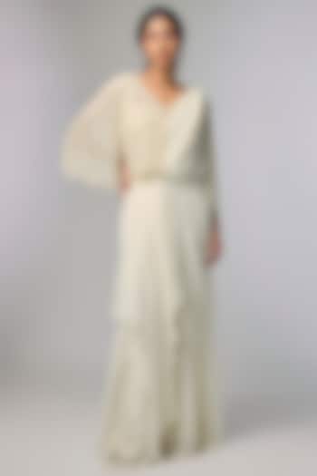 Ivory Georgette Pearl Work Jacket Reception Saree Set by Malasa at Pernia's Pop Up Shop