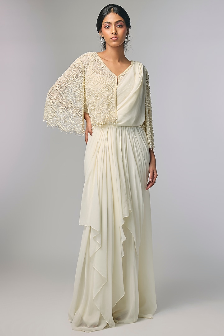 Ivory Georgette Pearl Work Jacket Reception Saree Set by Malasa at Pernia's Pop Up Shop