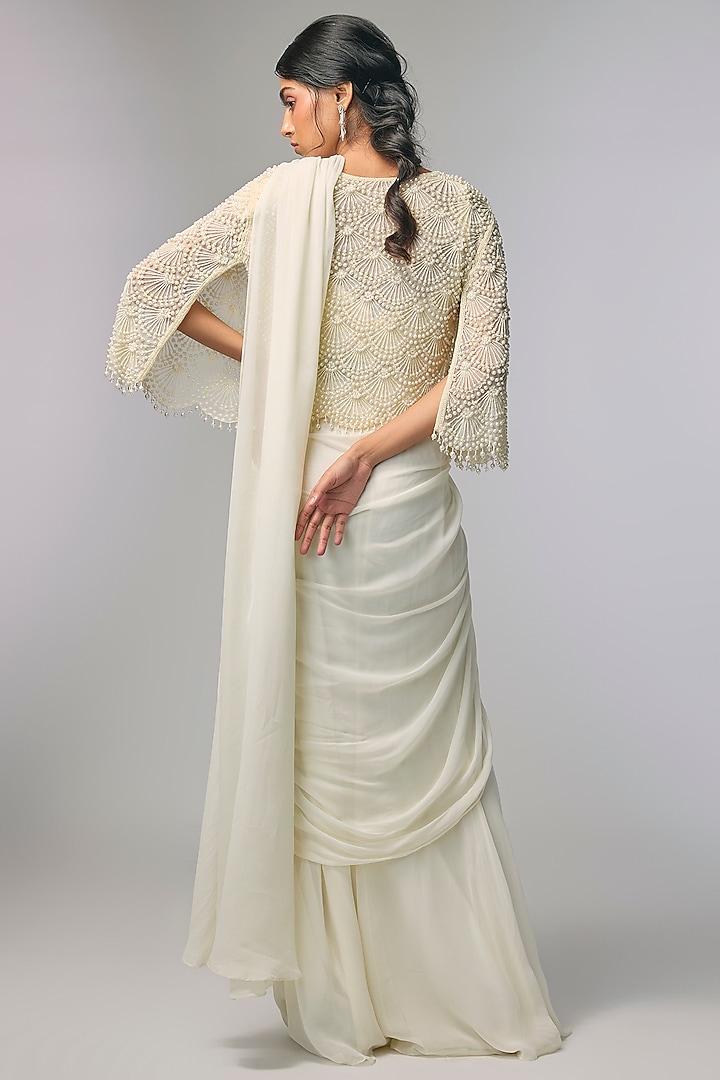 Ivory Georgette Pearl Work Jacket Reception Saree Set by Malasa at Pernia's Pop Up Shop