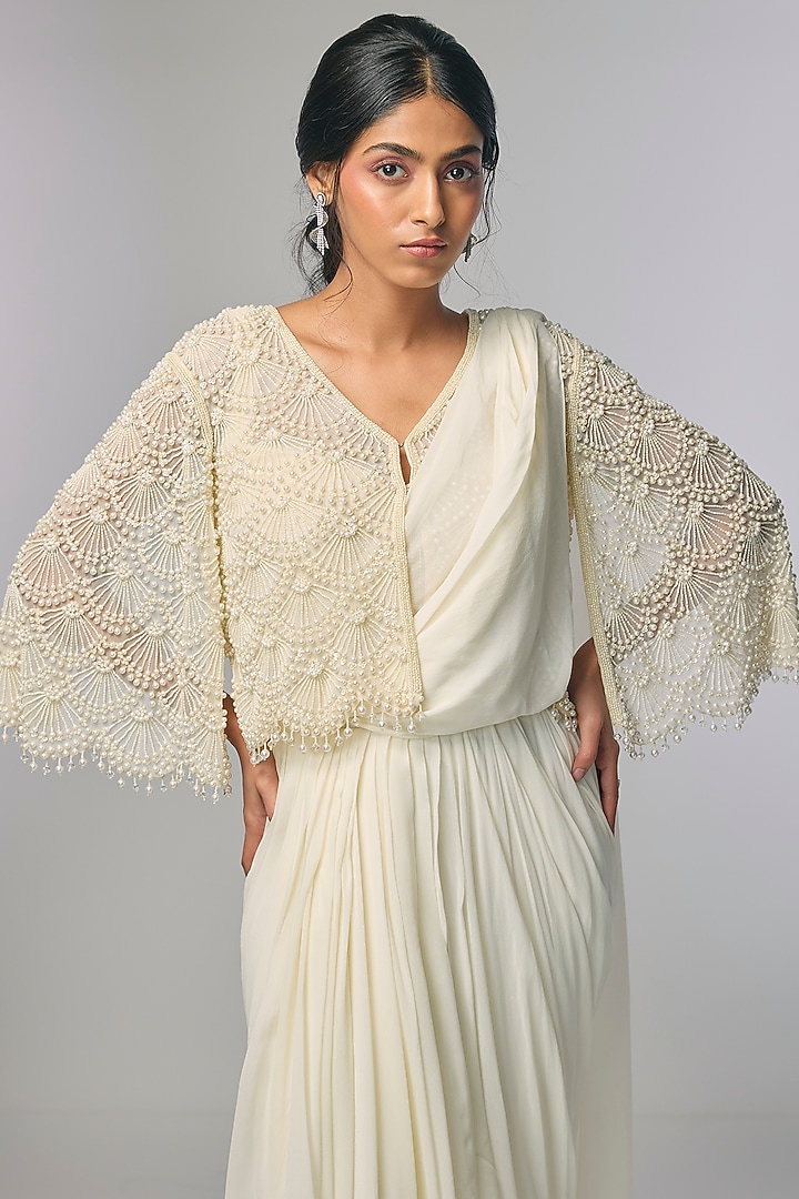 Ivory Georgette Pearl Work Jacket Reception Saree Set by Malasa at Pernia's Pop Up Shop