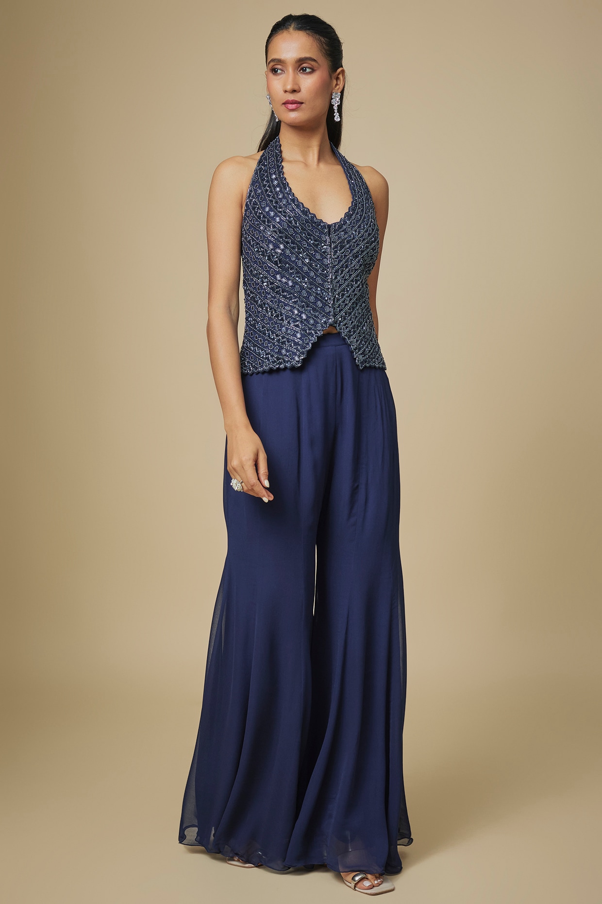 Malasa Navy Blue Georgette Thread Embellished Sharara Set
