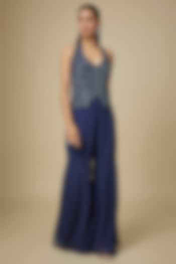 Navy Blue Georgette Thread Embellished Wedding Sharara Set by Malasa at Pernia's Pop Up Shop