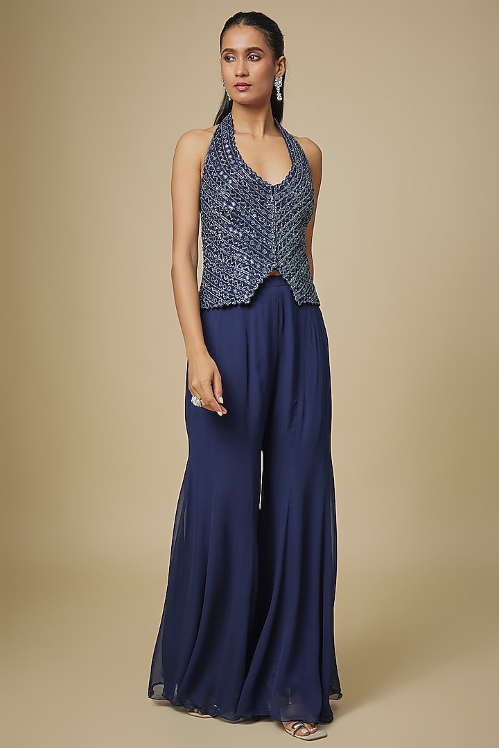 Navy Blue Georgette Thread Embellished Wedding Sharara Set by Malasa at Pernia's Pop Up Shop