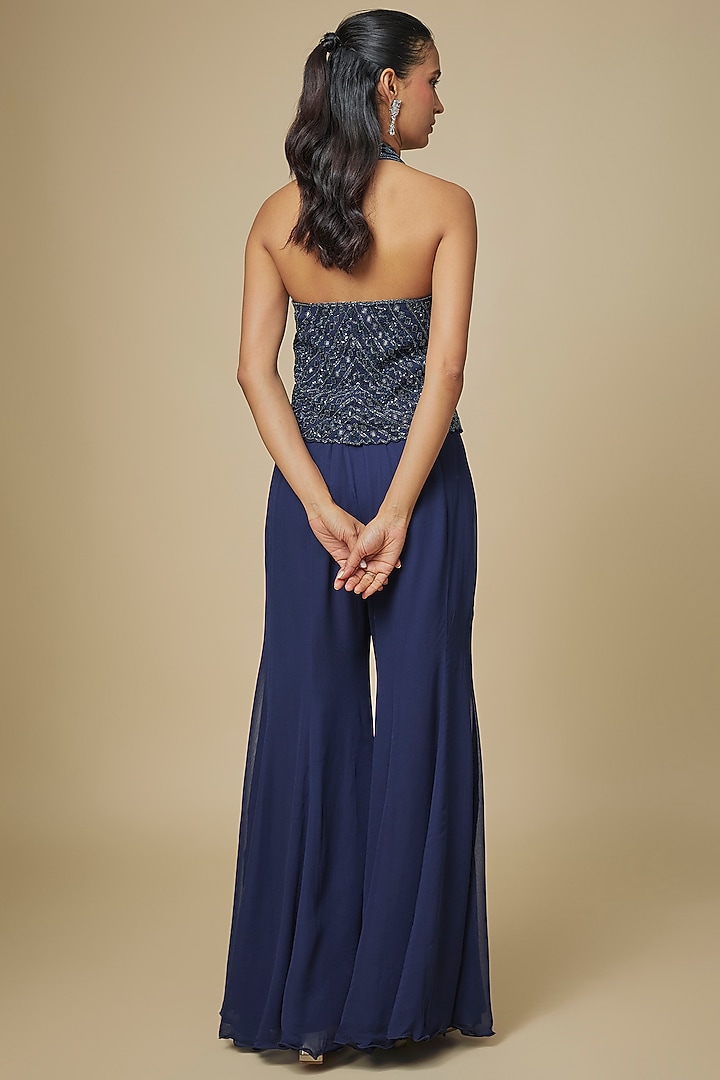 Navy Blue Georgette Thread Embellished Wedding Sharara Set by Malasa at Pernia's Pop Up Shop