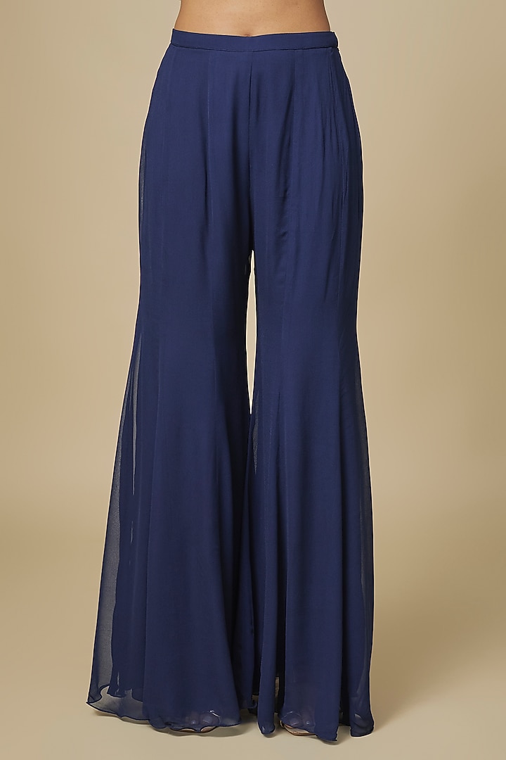 Navy Blue Georgette Thread Embellished Wedding Sharara Set by Malasa at Pernia's Pop Up Shop