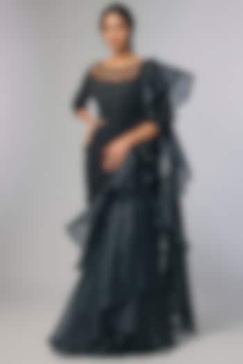 Black Georgette Cutdana & Nalki Work Wedding Saree Set by Malasa at Pernia's Pop Up Shop