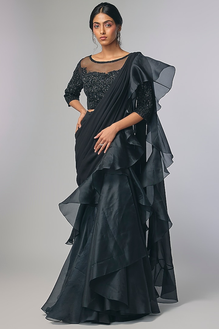 Black Georgette Cutdana & Nalki Work Wedding Saree Set by Malasa at Pernia's Pop Up Shop