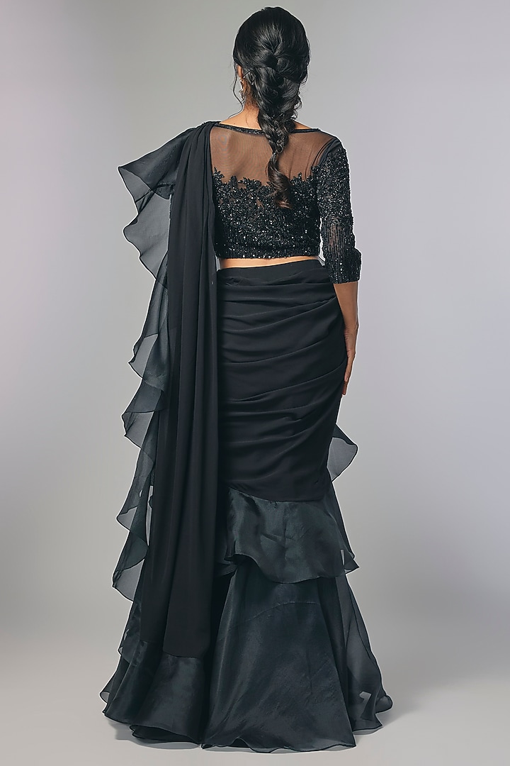 Black Georgette Cutdana & Nalki Work Wedding Saree Set by Malasa at Pernia's Pop Up Shop