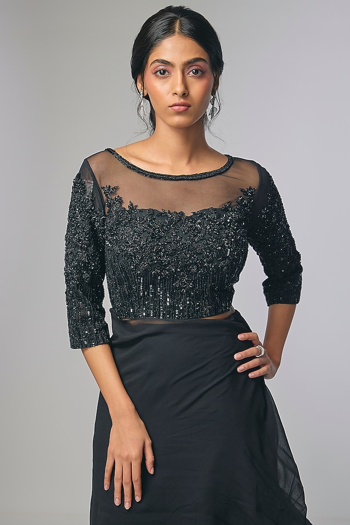 Black Georgette Cutdana & Nalki Work Wedding Saree Set by Malasa at Pernia's Pop Up Shop