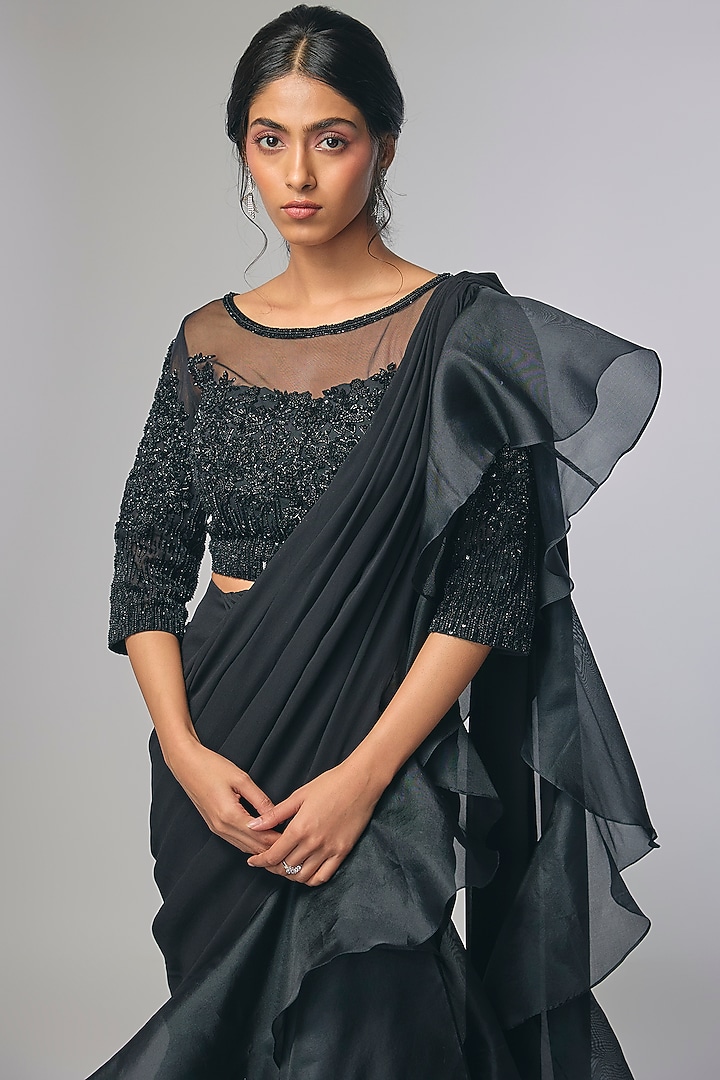 Black Georgette Cutdana & Nalki Work Wedding Saree Set by Malasa at Pernia's Pop Up Shop