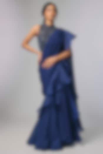 Blue Georgette Cutdana & Nalki Work Wedding Saree Set by Malasa at Pernia's Pop Up Shop