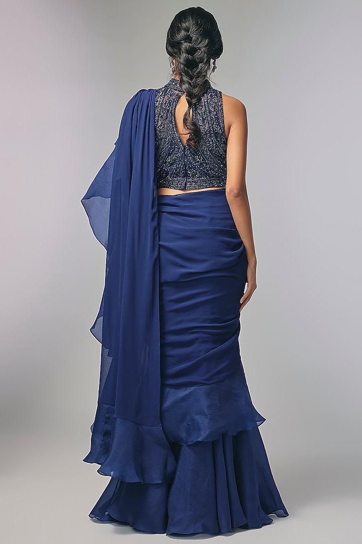 Blue Georgette Cutdana & Nalki Work Wedding Saree Set by Malasa at Pernia's Pop Up Shop