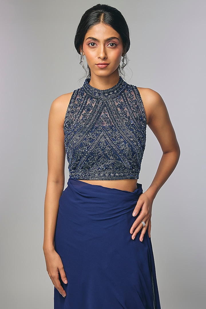 Blue Georgette Cutdana & Nalki Work Wedding Saree Set by Malasa at Pernia's Pop Up Shop