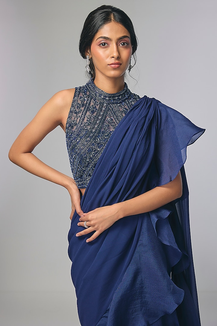 Blue Georgette Cutdana & Nalki Work Wedding Saree Set by Malasa at Pernia's Pop Up Shop