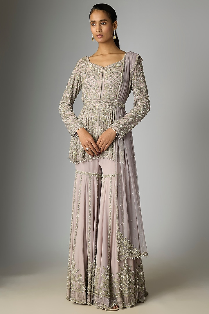 Lilac Georgette Cutdana Work Bridal Sharara Set by Malasa at Pernia's Pop Up Shop