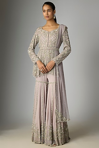 Lilac Georgette Cutdana Work Sharara Set by Malasa