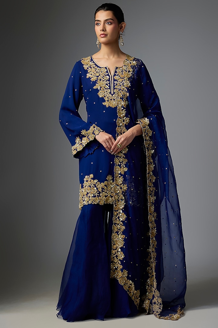 Blue Georgette Dabka Embroidered Bridal Sharara Set by Malasa at Pernia's Pop Up Shop