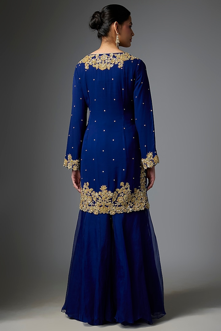 Blue Georgette Dabka Embroidered Bridal Sharara Set by Malasa at Pernia's Pop Up Shop
